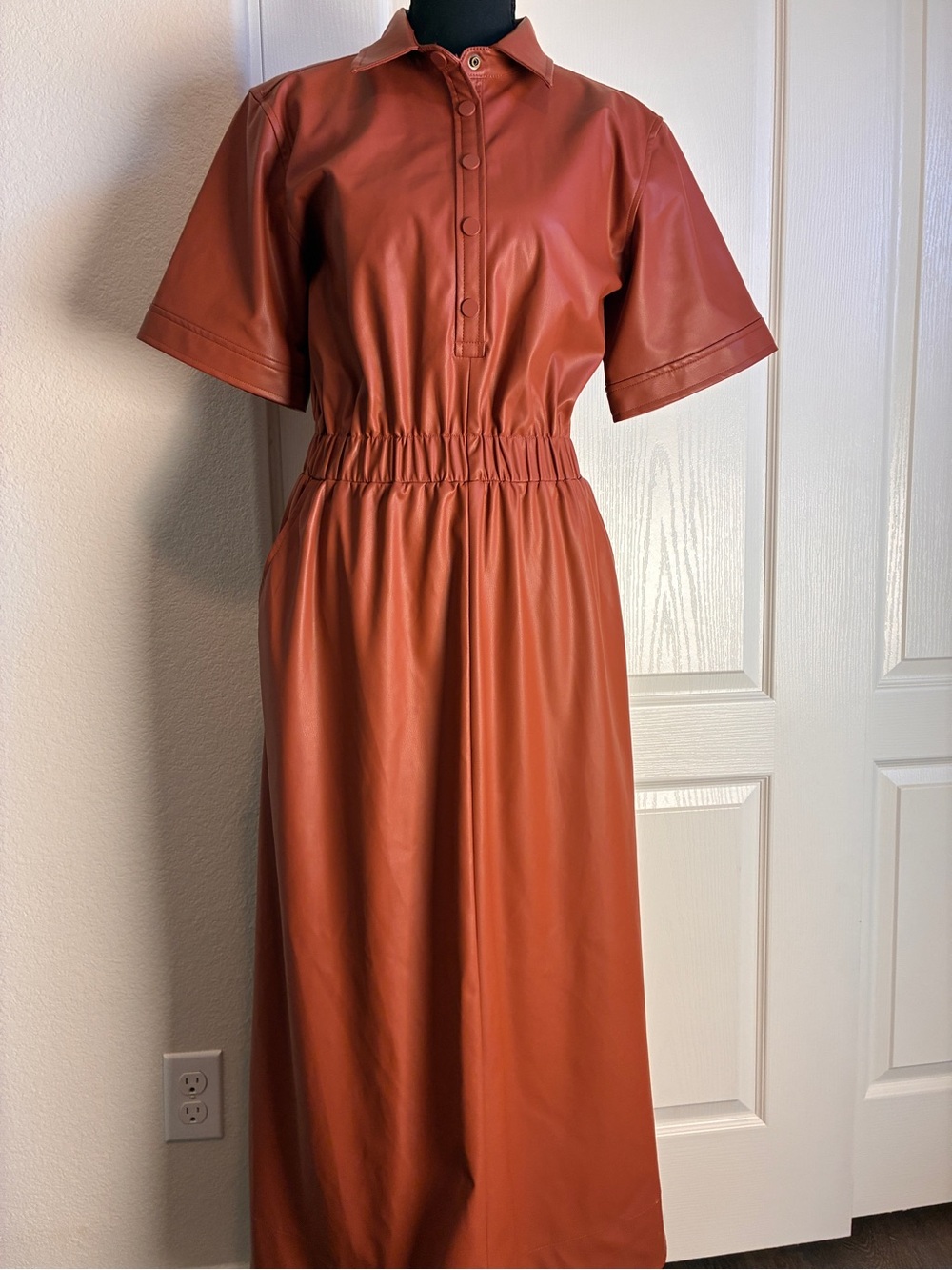 NWT Lilla P Faux Leather Button-Down dress in Terracotta/Burnt Orange hue. small